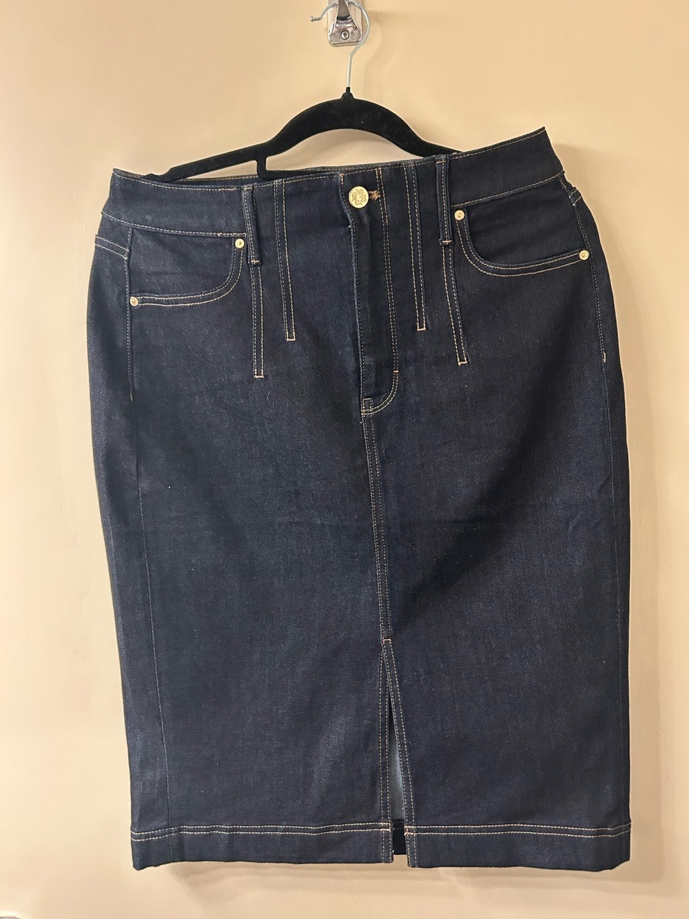 NWT White House Black Market Denim Pencil Skirt Dark Wash Size 10 Front Slit